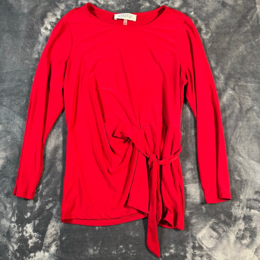 Kasper Red Side Tie Long Sleeve Blouse Stretch Career Top Medium